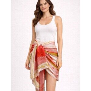 Hadong 100% Mulberry Silk Coral Green Pink And  Cream Abstract Print Scarf EUC